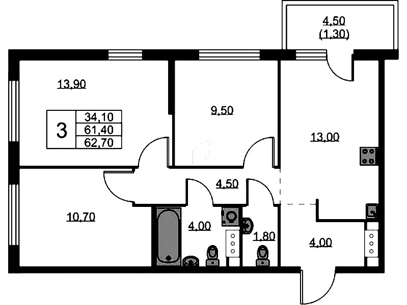 3-комнатная квартира 62.7 м², 11/11 эт., ЖК «А101 Лаголово»